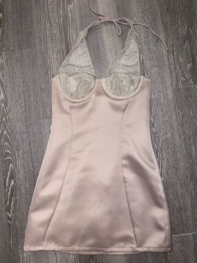White Fox Boutique Blush Satin Halter Mini Dress with Embellished Cups